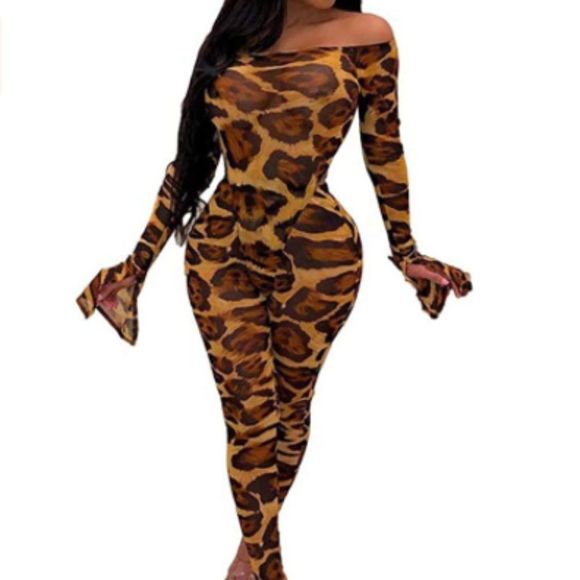 Womens Sexy Leopard Bodycon Jumpsuit - Picture 1 of 5